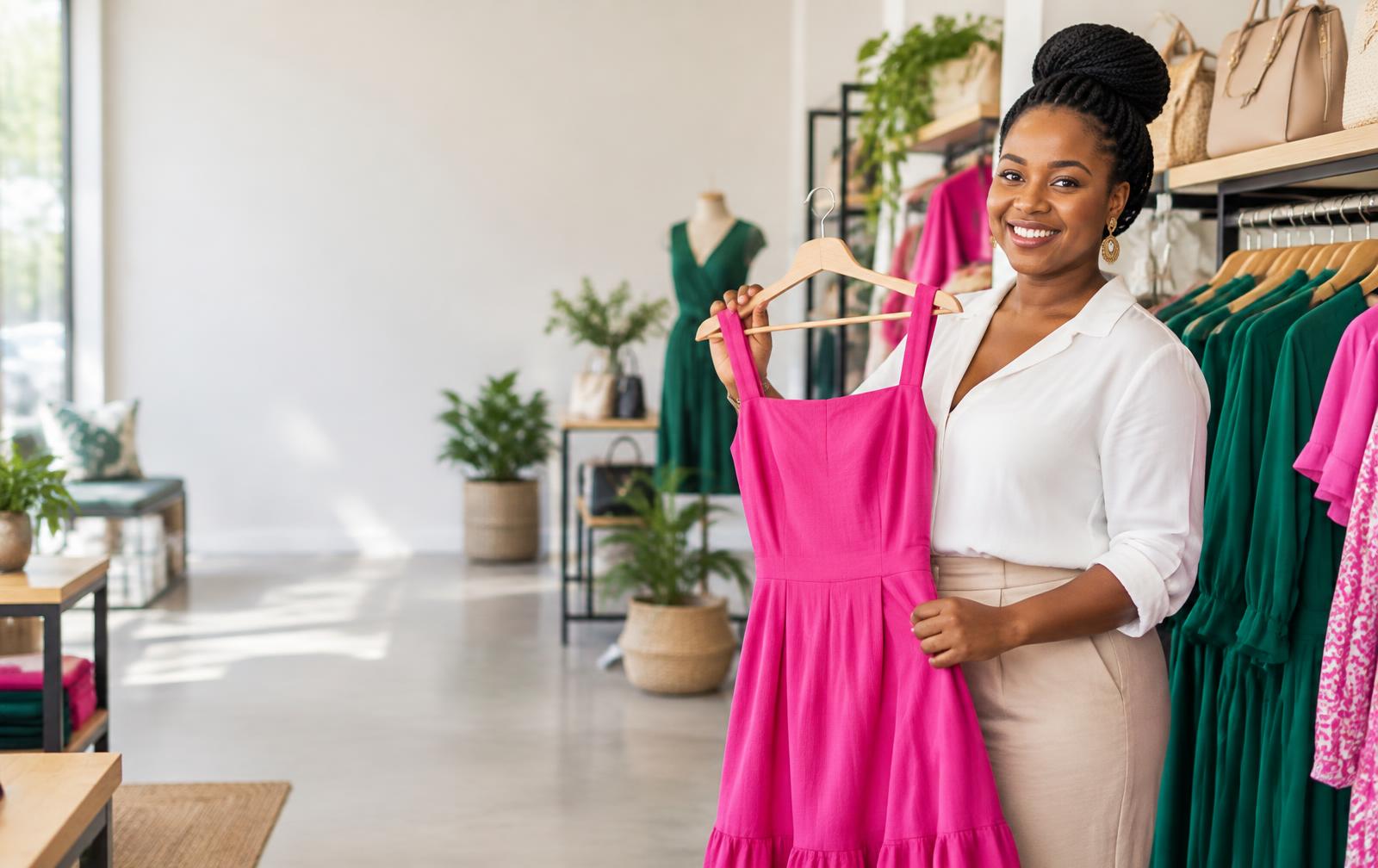 Illustrative boutique owner holding a pink dress in her clothing shop